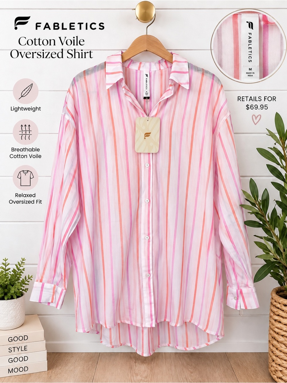 🌸 Fabletics Cotton Voile Oversized Striped Shirt Pink Size L